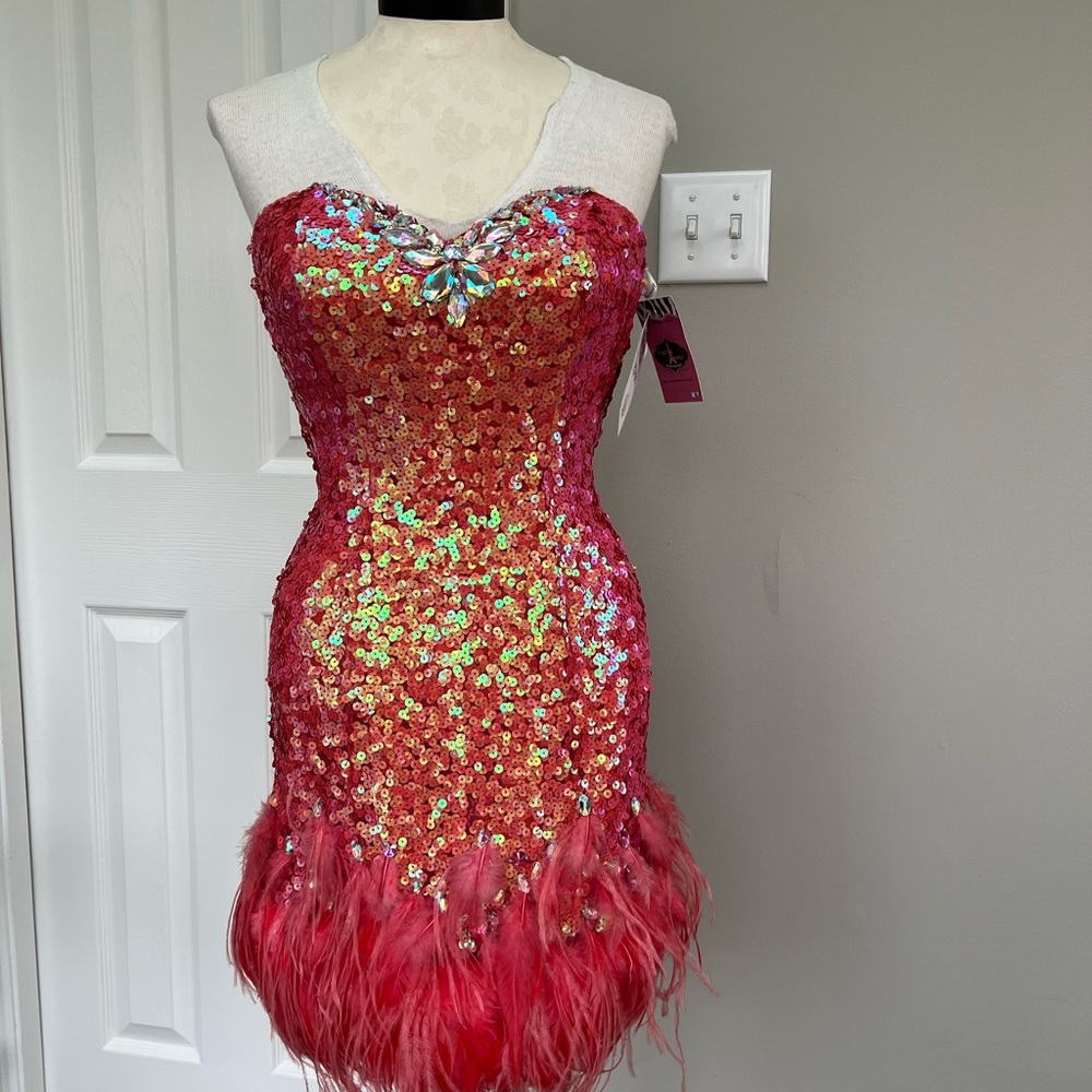 Peach sequin and feather cocktail dress, size 6